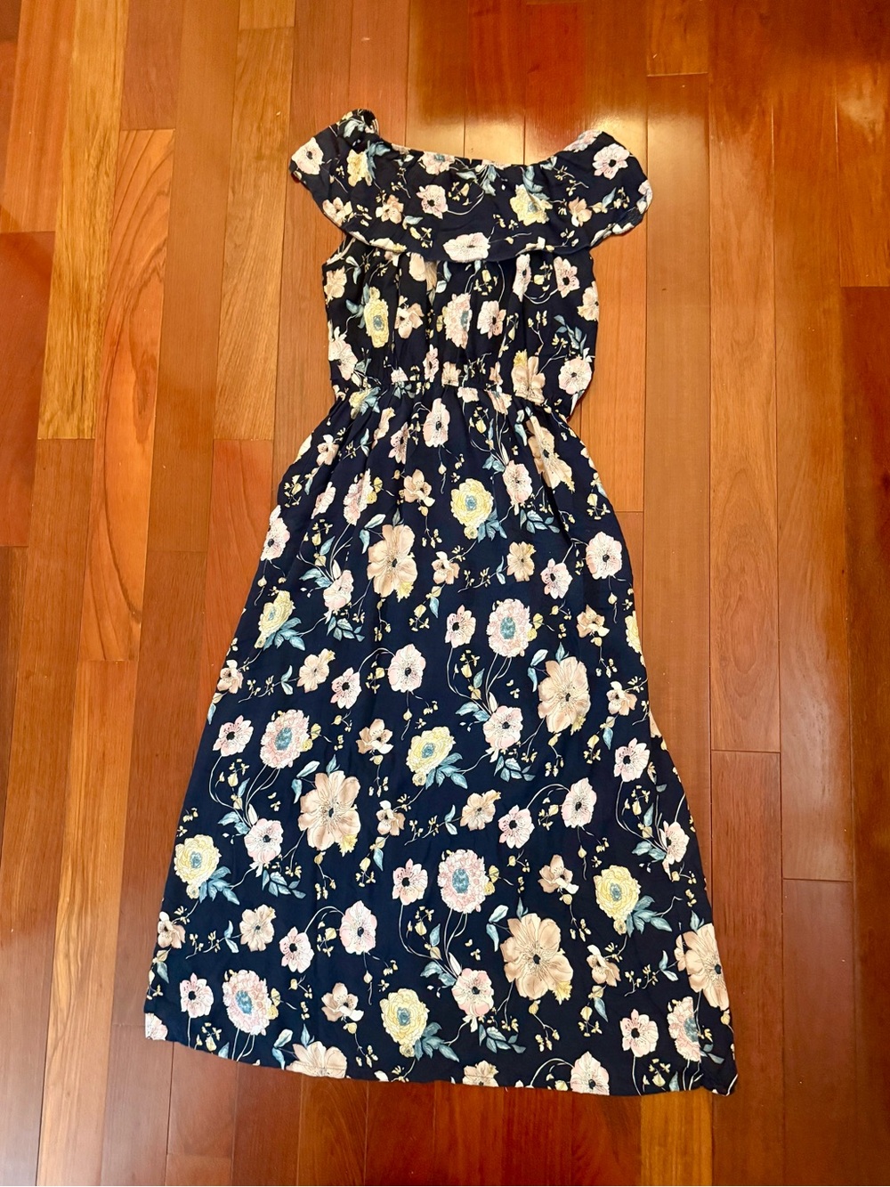 Navy Floral Off-Shoulder Maxi Dress with Elastic Waist